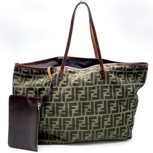 Authentic Fendi Zucca Nylon Leather Khaki Tote Bag W/Pouch